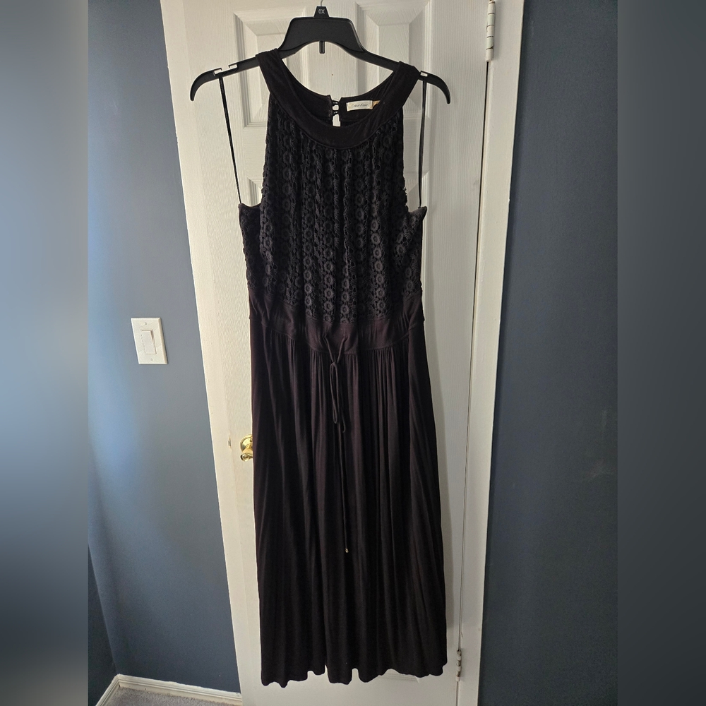 Knit Black Maxi Dress Lace Top Drawstring Waist